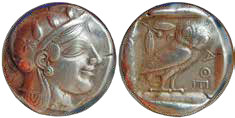 Серебряная тетрадрахма (богиня с улыбкой), Афины, 460–455 гг. до н.э. Вес – 17,07 г