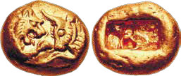 Золотой статер, Лидия, около 564–539 гг. до н.э. Вес – 10,76 г. Монетный двор г. Сарды