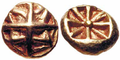 Иония, 625–600 гг. до н.э. Номинал – гемигекте (1 / 12 статера), геометрический тип, металл – электр, вес – 1,14 г.