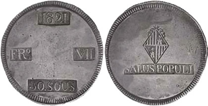 Cеребряная монета 30 су Фердинанда VII, чекан острова Майорка