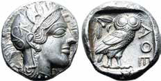 Серебряная тетрадрахма (богиня без улыбки), Афины, 454–404 гг. до н.э. Вес – 17,20 г.