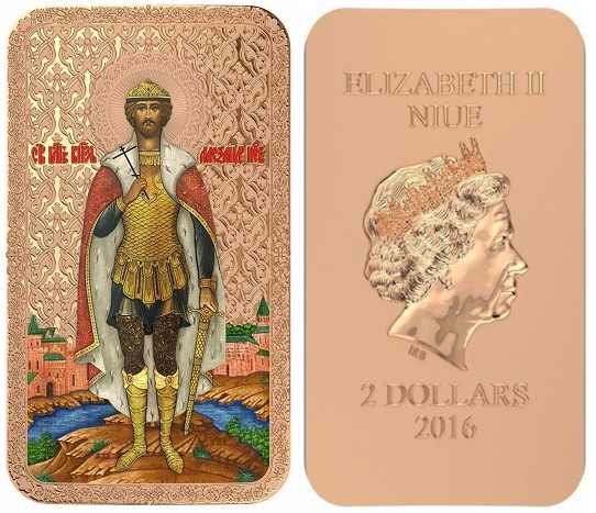 Монета, посвященная Александру Невскому. Ниуэ. 2 доллара, серебро
